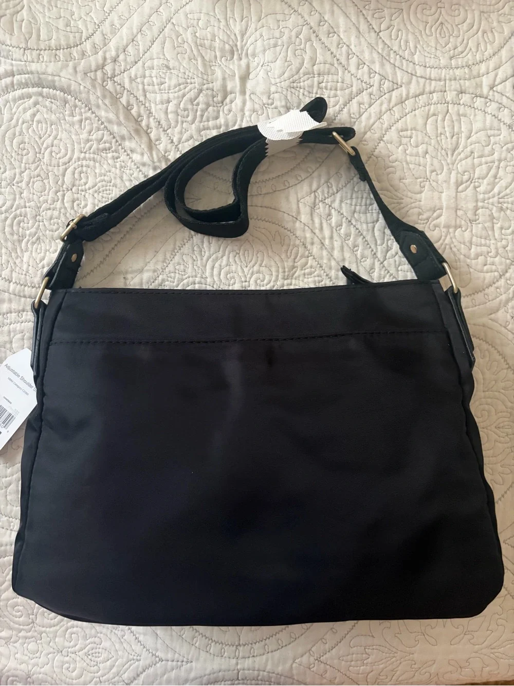 Black Nylon Crossbody with Twin Front Pockets and Gold Hardware